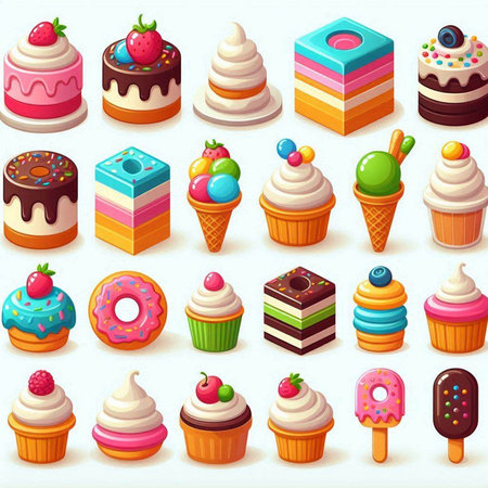 Set of different cakes and desserts in cartoon style. Vector illustration.