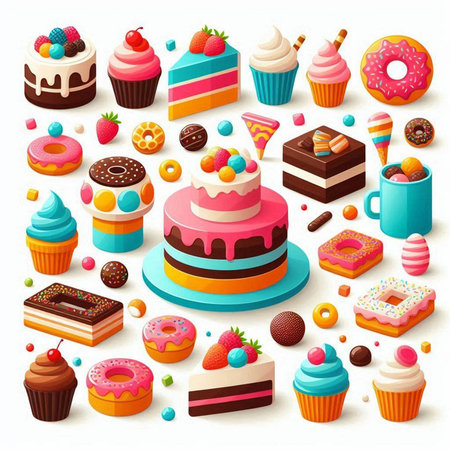 Cupcake seamless pattern with sweet dessert and candies vector illustration