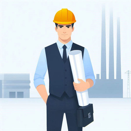 Engineer with helmet and blueprints. Vector illustration in cartoon style.の写真素材