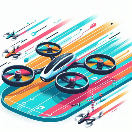 Drone quadrocopter flying on colorful background. 3d illustrationの写真素材