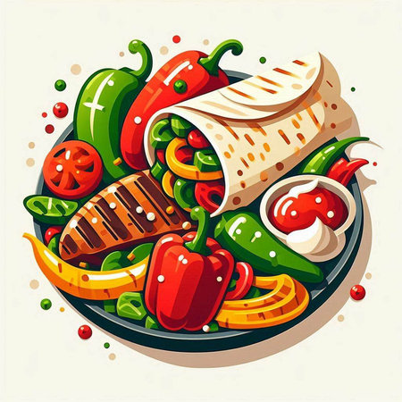 Vector illustration of mexican burritos with vegetables on plate.の写真素材