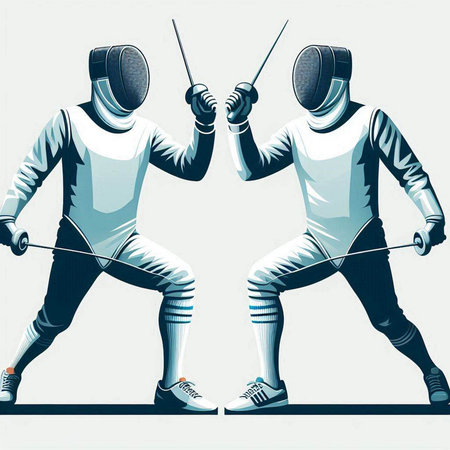 illustration of two fencers with swords on a white background.