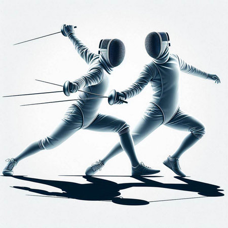 Two Fencing athletes in action on white background. 3D renderingの写真素材
