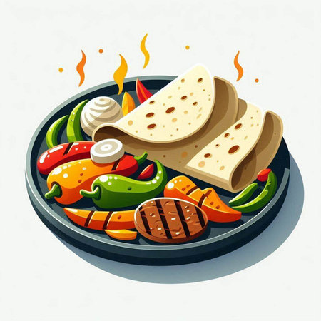 Illustration of a hot dish with vegetables and bread on a white backgroundの写真素材