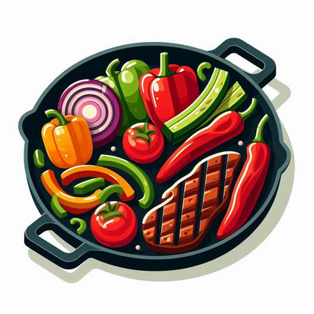 Grilled meat with vegetables in a frying pan. Vector illustration.の写真素材