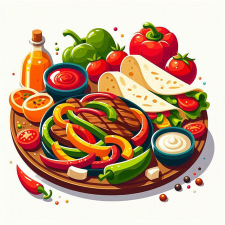 Vector illustration of grilled meat with vegetables and sauce on wooden board.の写真素材