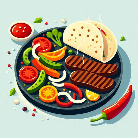 Mexican food. Grilled meat with vegetables on a plate. Vector illustrationの写真素材