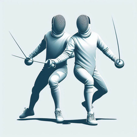 Fencing. Man and woman in sportswear. Vector illustration