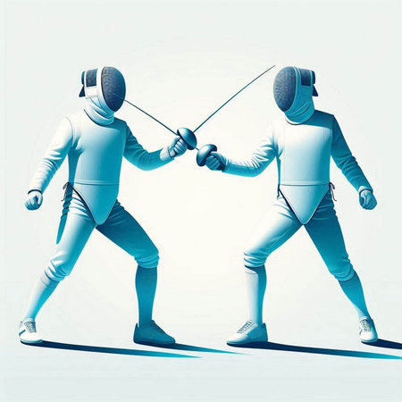 Two young male fencers in fencing suits fighting with swords isolated on white background