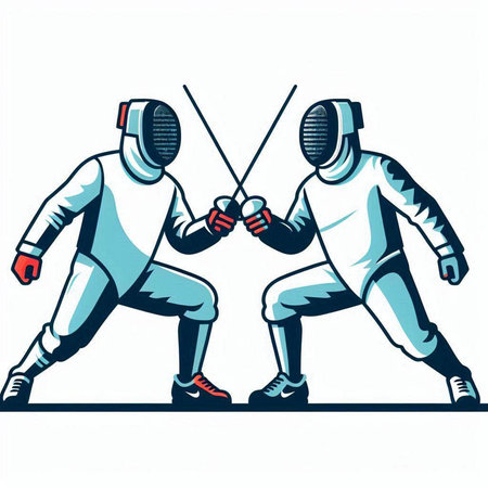 Fencing duel. Vector illustration of two male athletes wearing fencing suits.