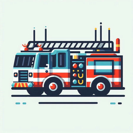 Fire engine. Flat style vector illustration. Firefighters in uniform.