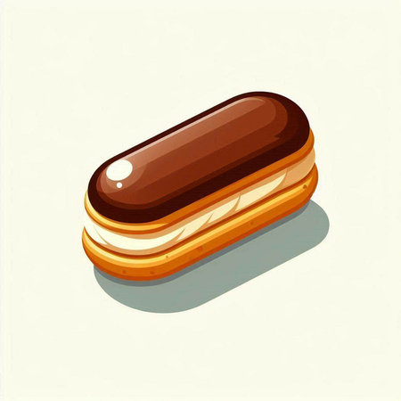 Vector illustration of chocolate eclair on white background. Sweet dessert.