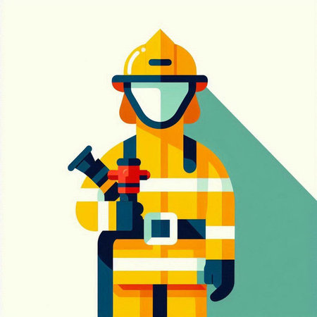 Firefighter with a fire hose in his hand. Flat vector illustration.の写真素材