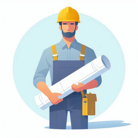 Builder with construction plans. Vector illustration in cartoon style on white background.の写真素材