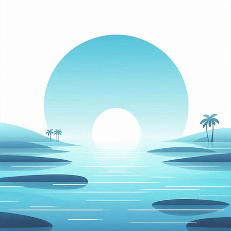 Sunset in the sea with palm trees and waves, vector illustrationの写真素材