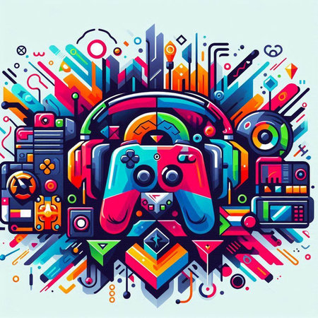 Retro videogame controller on colorful abstract background, vector illustration.