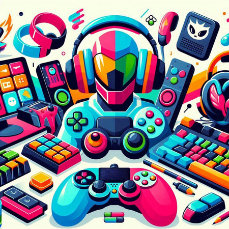 Retro videogame background with gamepad, joystick, headphones, gamepad, joystick and other gaming...