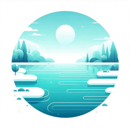 Vector illustration of a landscape with a lake and trees in a circleの写真素材