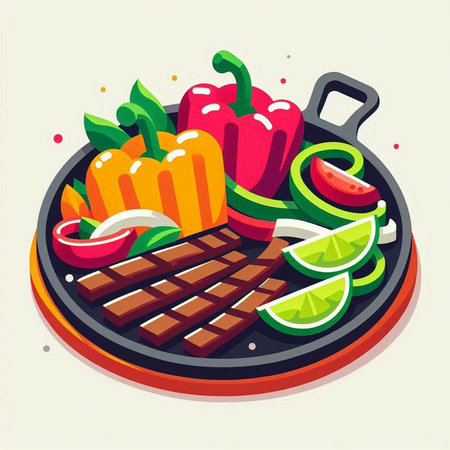 Vector illustration of grilled meat in a frying pan with vegetables and limeの写真素材