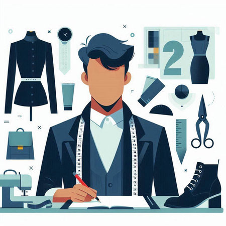 Vector illustration of fashion designer working on new collection of clothes. Fashion designer...