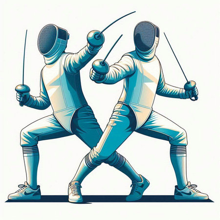 Fencing. Two young men in white fencing costume. Vector illustration
