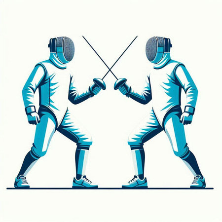 Fencing. Two young men in fencing suit with swords. Vector illustration