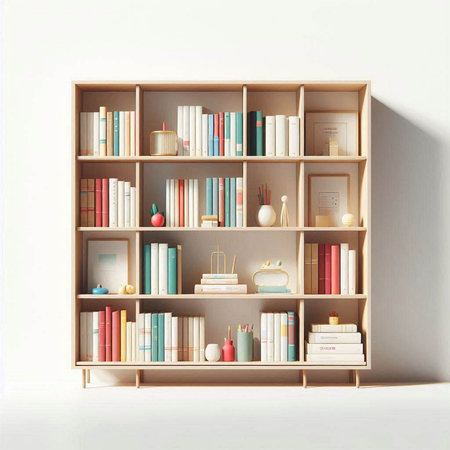 3d rendered bookshelves with books and decorations on white backgroundの写真素材