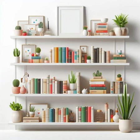 White bookshelf with books and decorations. 3d rendering.の写真素材