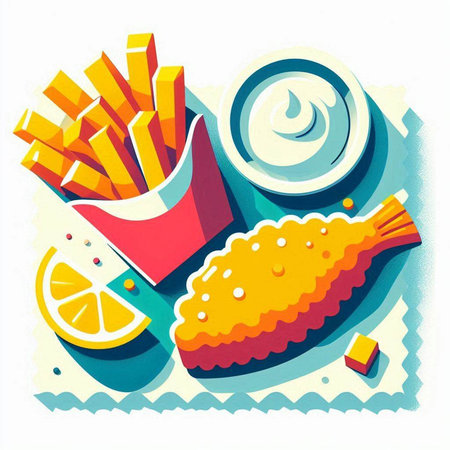 French fries, fried fish, lemon and sauce. Vector illustration.