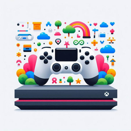 Gamepad with colorful icons on white background. Modern vector illustration.