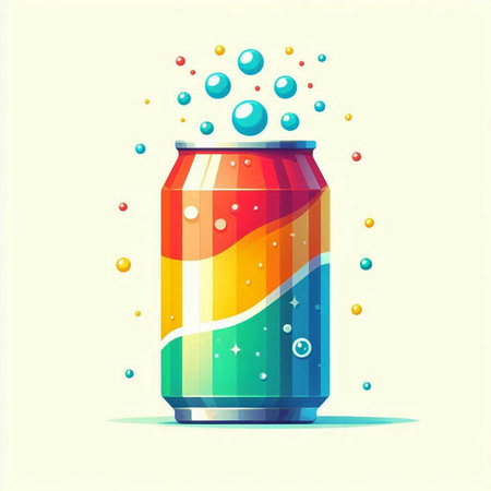 Colorful soda can with bubbles on white background. Vector illustration.