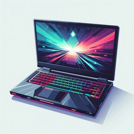 Laptop computer with bright colorful screen. Technology concept. 3d rendering