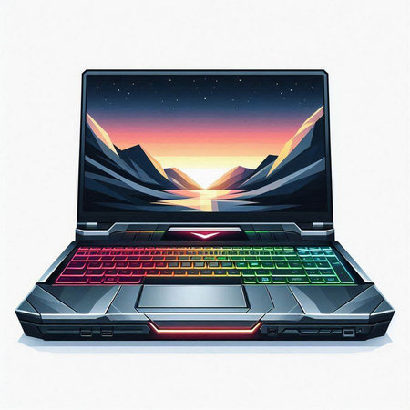 Laptop with a view of the sunset from the mountain. Vector illustration.