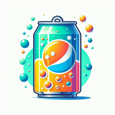 illustration of a can of soda on a white background with bubbles