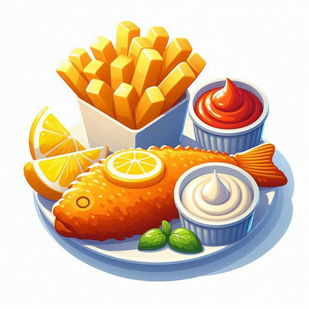 Fried fish with french fries and mayonnaise, vector illustrationの写真素材