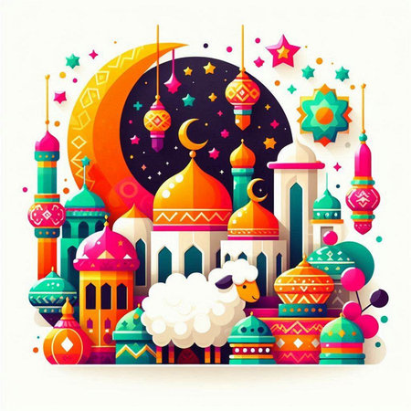 Ramadan Kareem greeting card with mosque, moon and sheep. Vector illustration.の写真素材