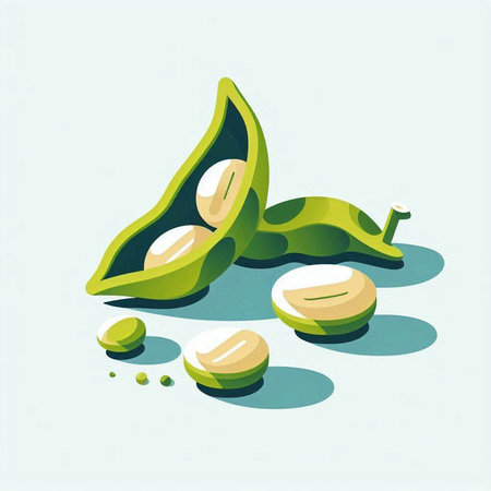 Soybean pods and seeds in flat style. Vector illustration.