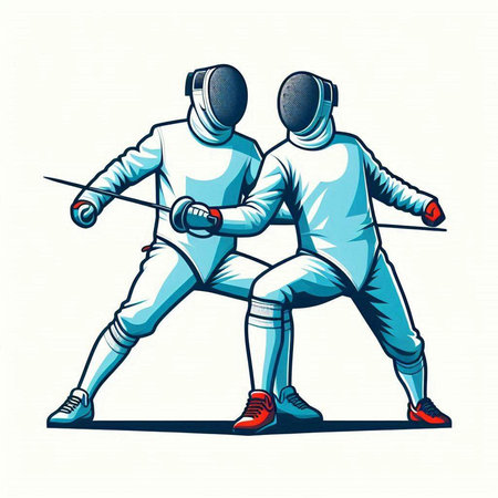 Fencing duel. Vector illustration of two athletes in sportswear.