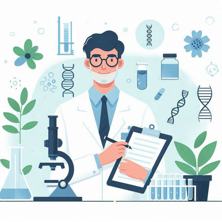 Scientist in lab coat and glasses holding clipboard. Vector illustration.