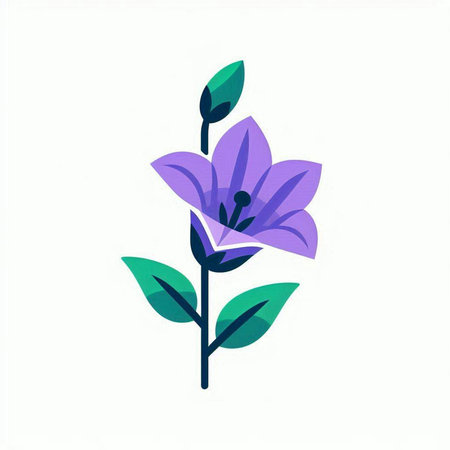 Purple flower with green leaves isolated on white background. Vector illustration.の写真素材