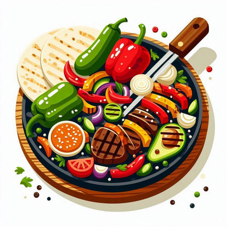 Grilled meat with vegetables on a frying pan. Vector illustration.の写真素材