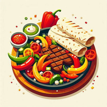 Vector illustration of a mexican dish with beef steak and vegetablesの写真素材