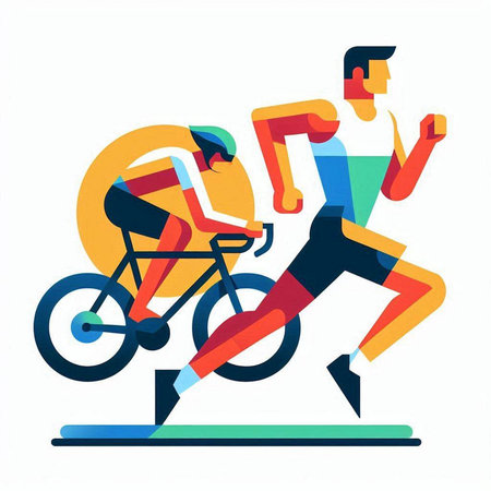 Cyclist running on a treadmill. Flat style vector illustration.