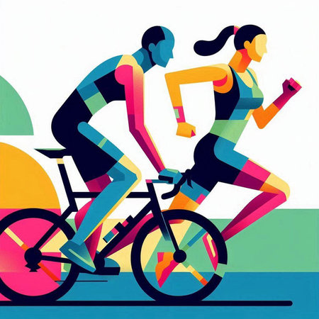 Sporty man and woman riding bicycle. Colorful vector illustration.