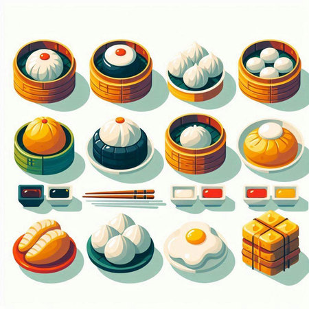 Vector set of dim sum icons in isometric 3d style.の写真素材