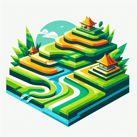 isometric 3d vector landscape with rice fields and pagoda, illustrationの写真素材