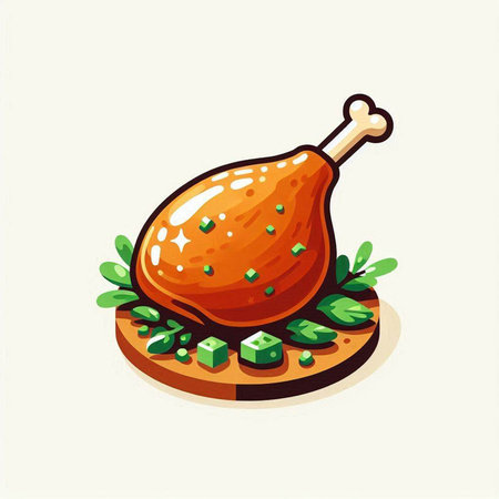 Roast chicken on a wooden board. Vector illustration in cartoon style.の写真素材