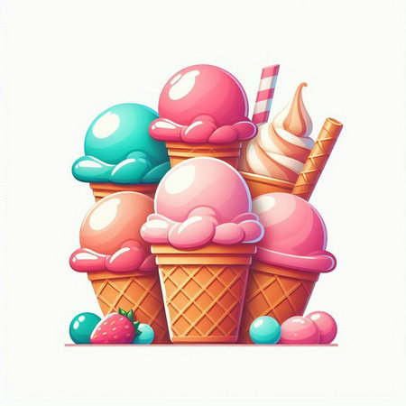 Ice cream vector illustration. Ice cream in waffle cones and candiesの写真素材