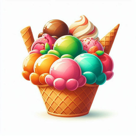 Ice cream in waffle cone with candies. Vector illustration.の写真素材