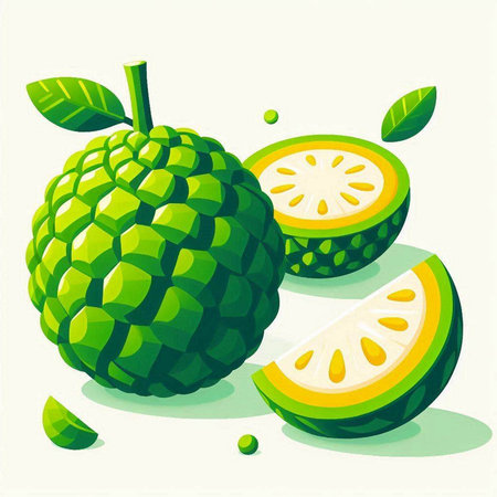 Custard apple vector illustration. Juicy fruit with green leaves